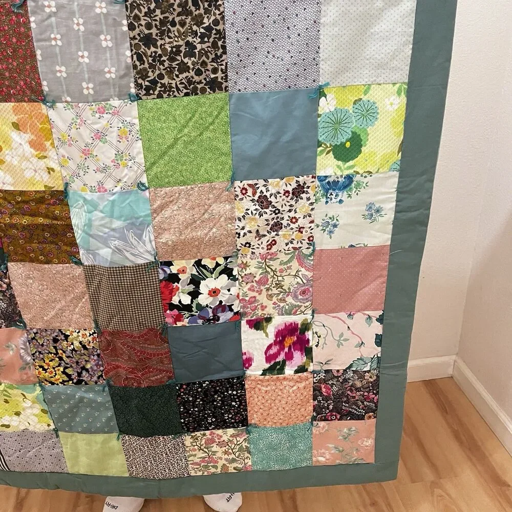 Handmade Patchwork Quilt Throw Lap Blanket Floral Teal Green